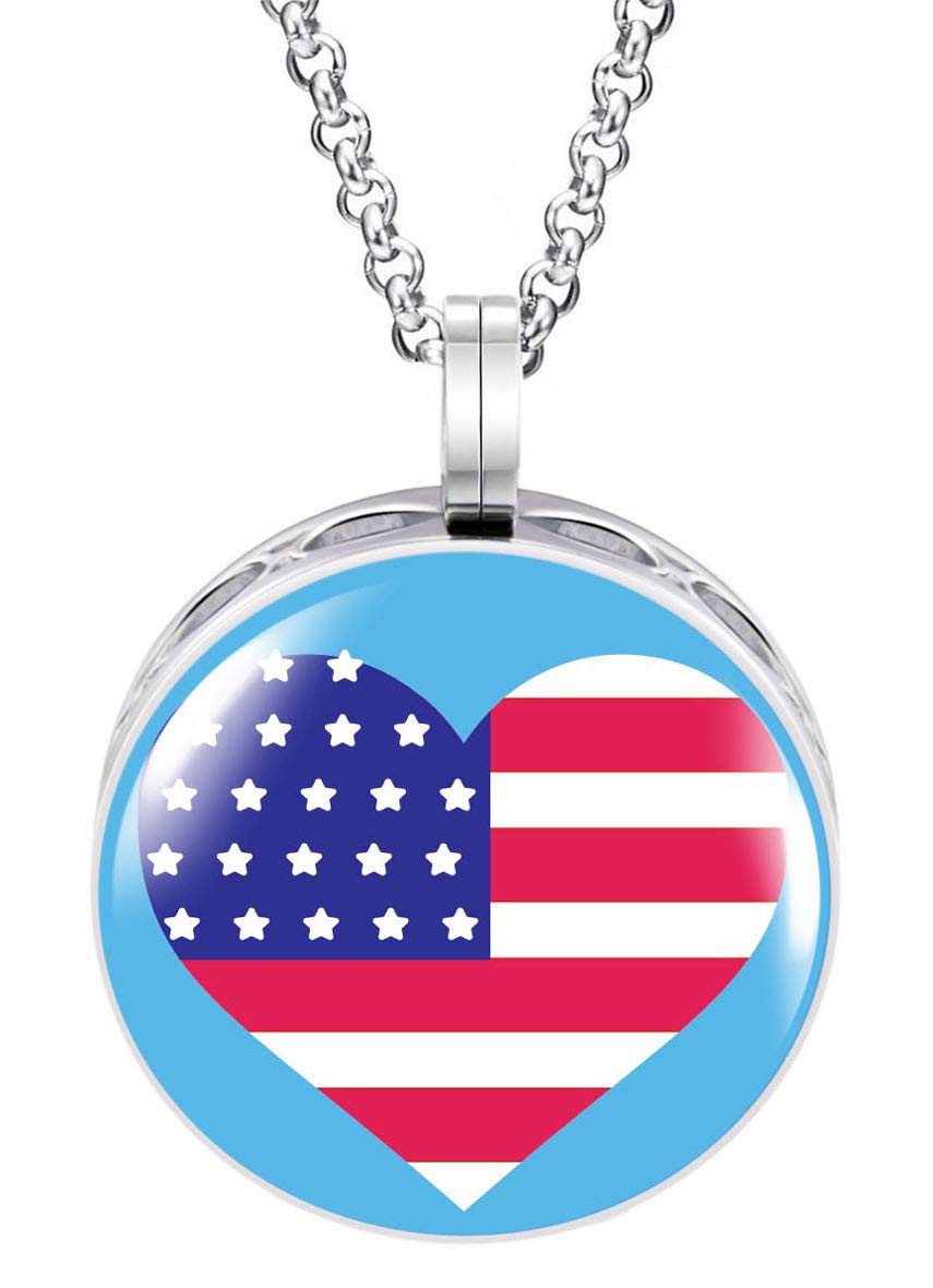 Wild Essentials US Flag Heart Enamel Finish Essential Oil Diffuser Necklace Gift Set - includes Aromatherapy Pendant, 24" Stainless Steel Chain, 8 Color Refill Pads