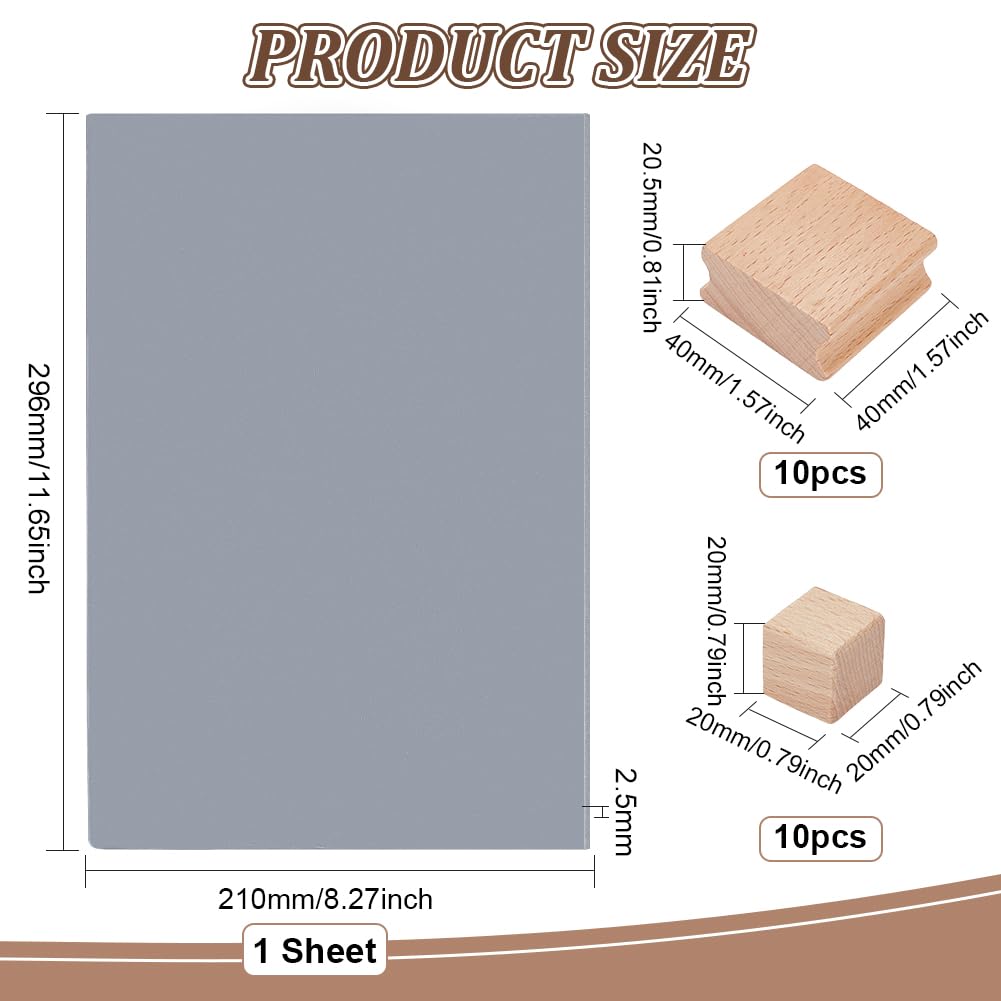BENECREAT 20Pcs Rubber Stamp Set Blank Hard Wood Stamp Mounts with Grey Rubber Stamp Sheet 2 Sizes Laser Engraving Stamp Block Accessories for Crafts DIY Stamp Making, (0.8in/1.6in)