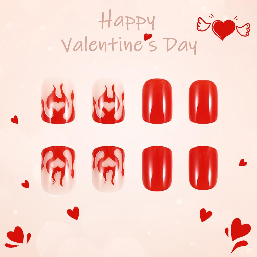 CEWEWP Valentine's Day Press on Nails Short Square False Nails with Red Hearts Flame Design Glossy Full Cover Red Glue on Nails Reusable Cute Holiday Nail Press on for Women Manicure 24Pcs
