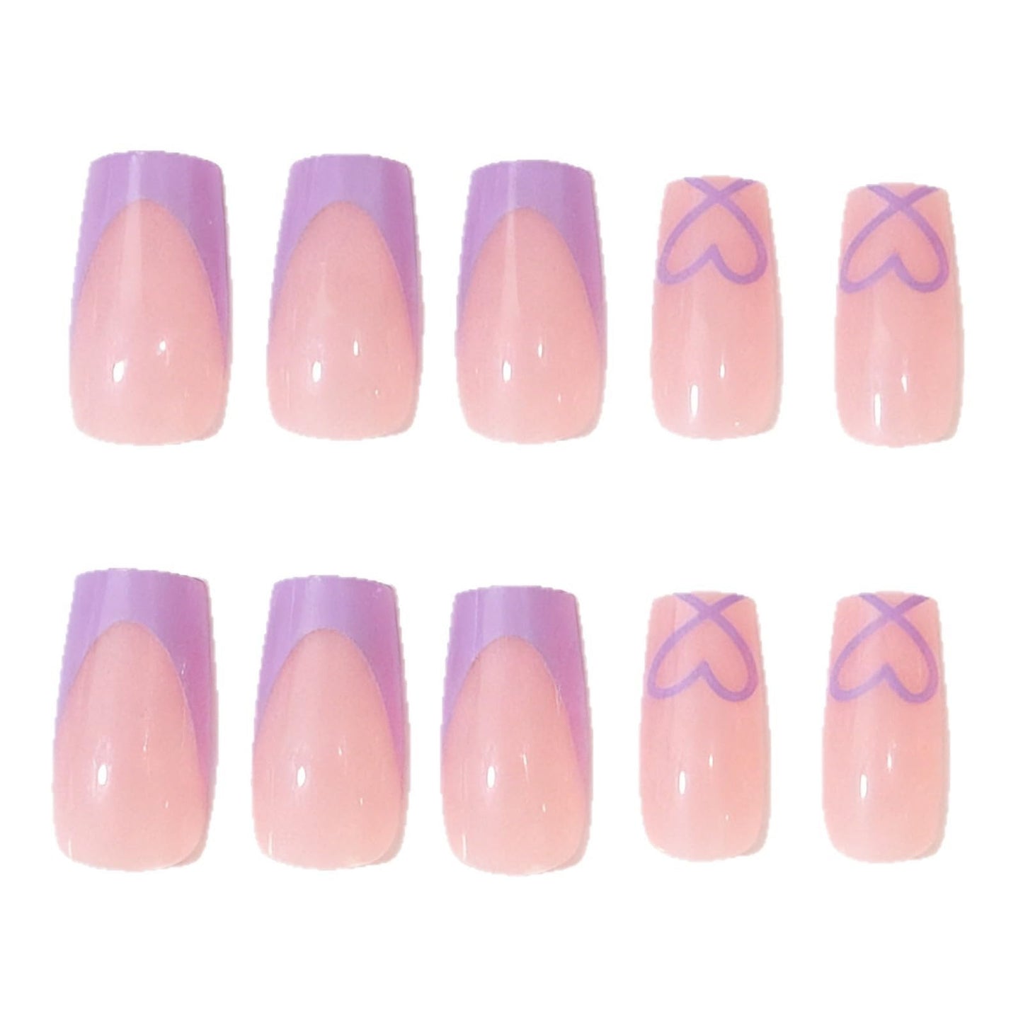 Coffin Press on Nails Medium - Purple French Tip Fake Nails with Heart Design - Glossy Full Cover Stick on False Nails - for Women 24 Pcs