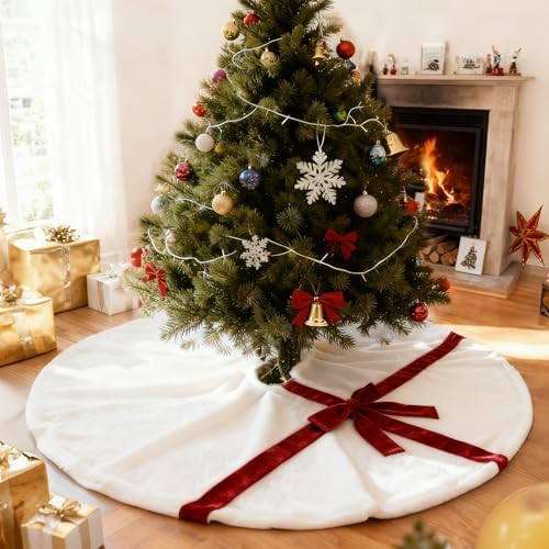 Christmas Tree Skirt 48 Inch, White Tree Skirt with Red Bow,Christmas Decorations,Xmas Tree Skirt for Home Party Holiday Indoor Outdoor Decorations (Large-48inch)
