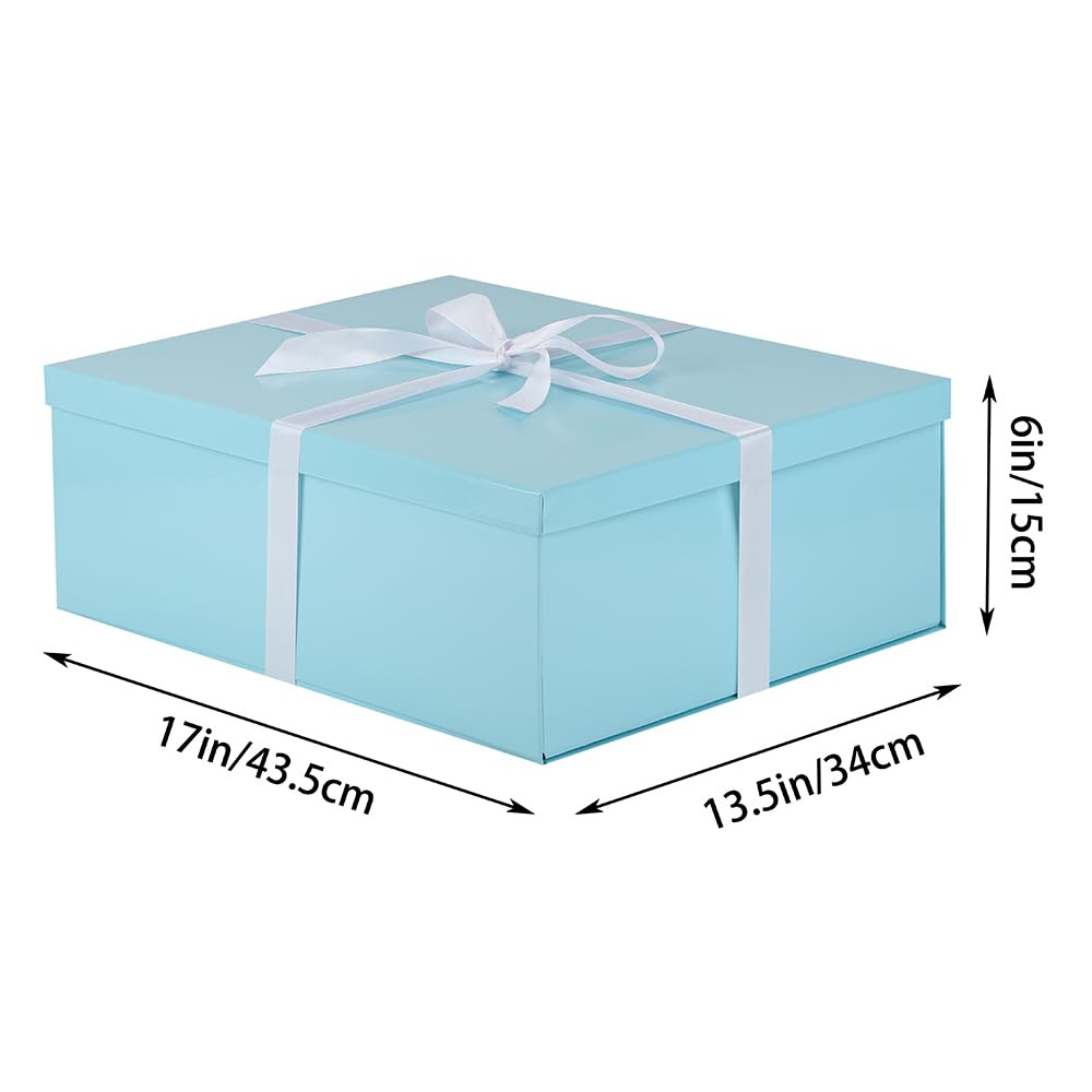 Extra Large Gift Box with Lid 17x13x6 Inches, Blue Gift Boxes for presents Packaging for Birthdays, Valentine's Day, Christmas, Anniversaries (Include Shredded Paper Fill, Envelope Card Ribbon)