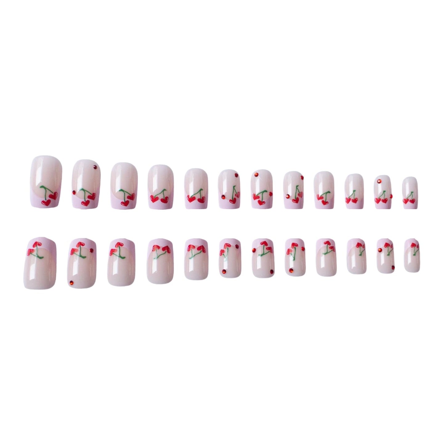 24pcs French Cherry Press-On Nails Short Square False Nails Red Cherry Heart Ruby Design Acrylic Glossy Red Rhinestone Nails for Valentine's Women's Nail Decoration