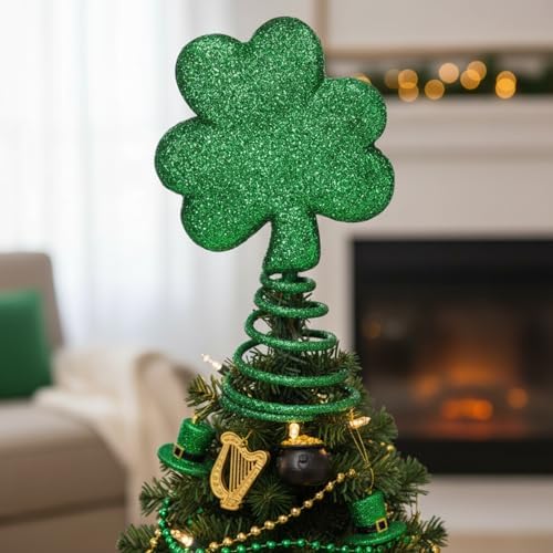 St. Patrick Day Mini Tree Topper 6 Inch Miniature Irish Shamrock Miniature Christmas Tree Topper, Irish Green Decoration for Holiday Party Decor Fancy