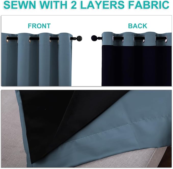 NICETOWN 100% Blackout Curtains 45 inches Long, Smoky Blue, 1 Pair, 42 inches Width Each Panel, 2 Thick Layers Completely Blackout Window Treatment Thermal Insulated Lined Drapes for Small Window