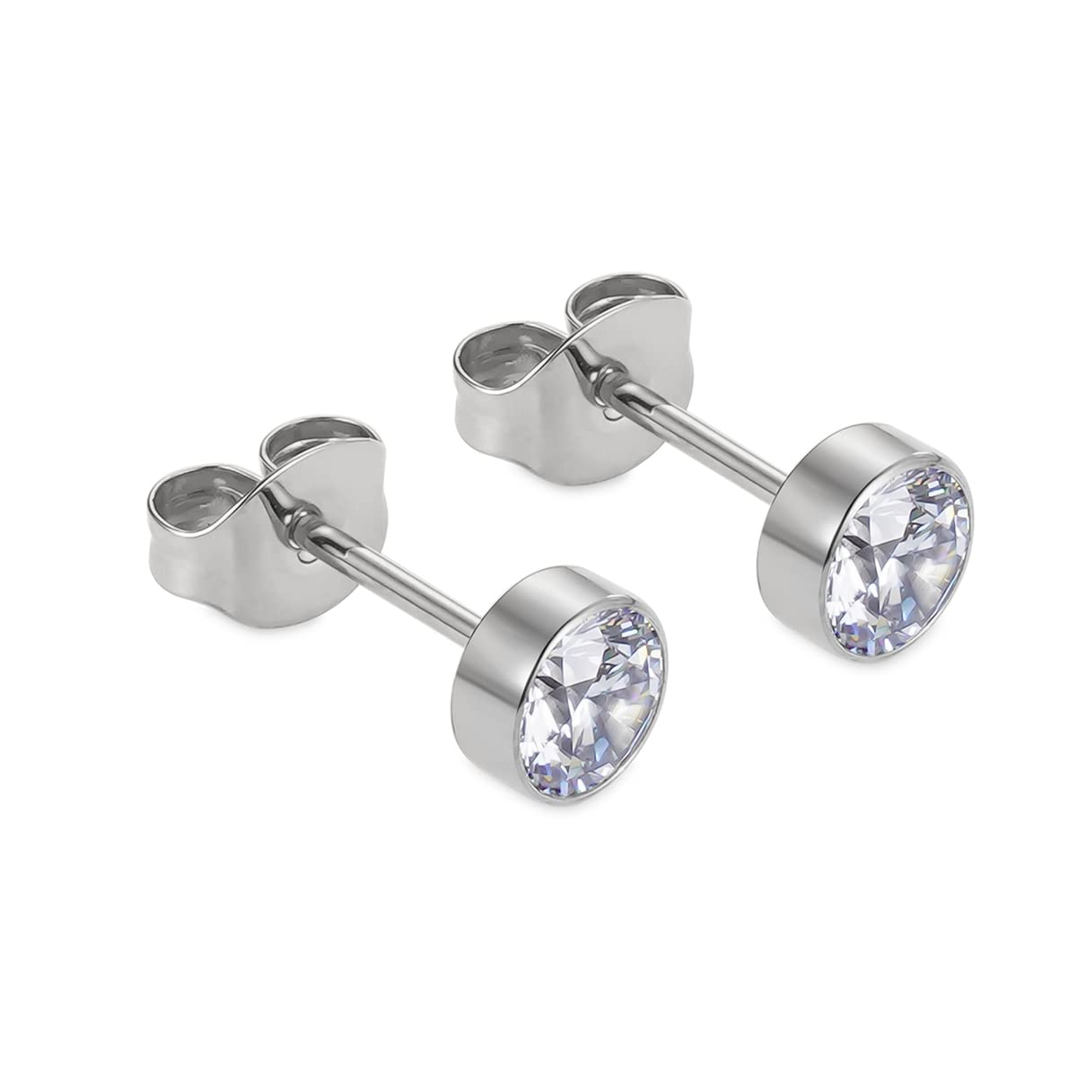 1 Pair G23 Titanium Stud Earrings Set Hypoallergenic 3mm 4mm 5mm 6mm Cubic Zirconia Studs for Women Men for Sensitive Ear(5mm bezel silver clear)