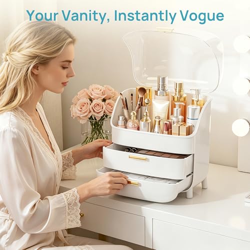 Vtopmart 3-Tier Skincare Makeup Organizer with Drawers and Lid for Vanity and Bathroom Countertop, Large Cosmetic Storage Box Case for Dresser, with Non-Slip Base - style: with Lids