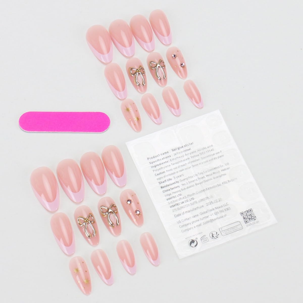 Pink French Tip Press on Nails Medium Almond, Star Diamond Fake Nails with Glue, 3D Gold Bow Stick on Nails Handmade Glossy False Nails for Women DIY Manicure Decoration, 24PCS
