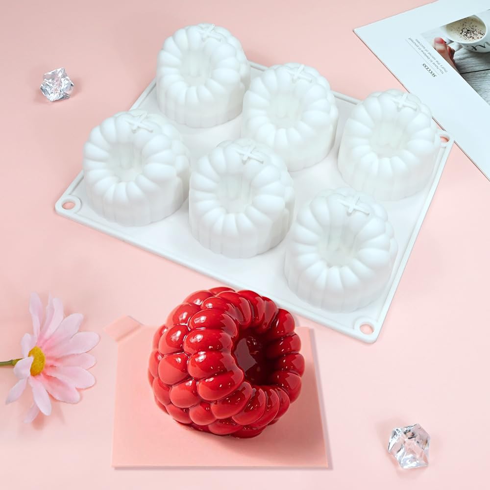6-Hole Raspberries Mousse Cake Mold Food Grade Silicone Molds for Baking 3D Raspberries Pudding Cakes Silicone Mold Dessert Chocolate Molds Rubus Fruit Cake Decorating Tools Non-stick Baking Mould