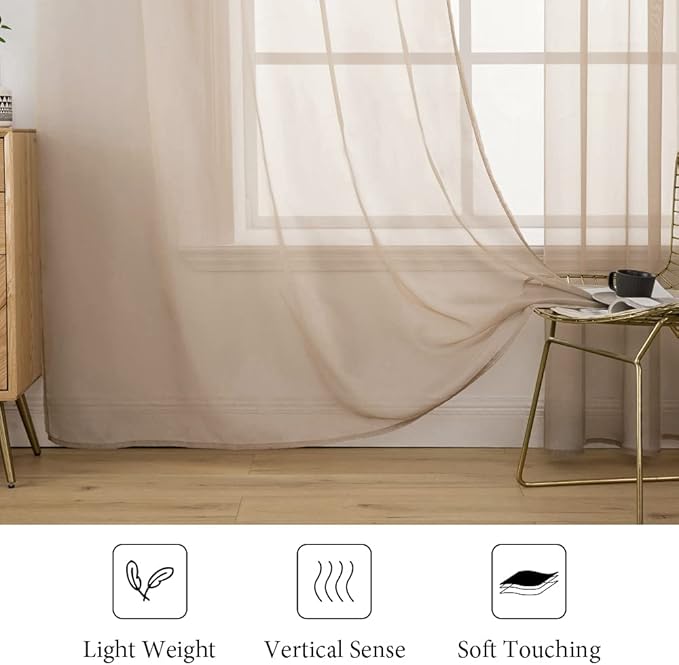 MIULEE 2 Panels Solid Color Sheer Window Curtains Elegant Window Voile Panels/Drapes/Treatment for Bedroom Living Room (54X96 Inches Brown)