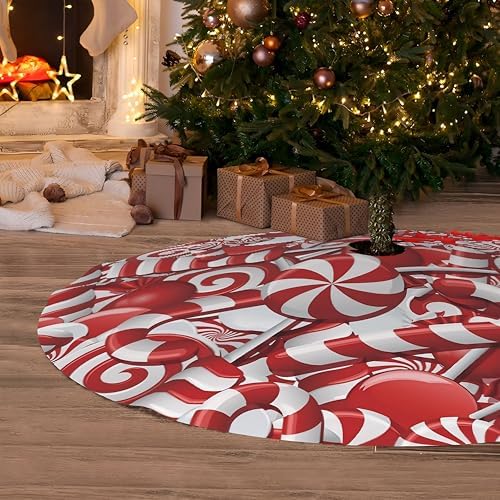 Sweet Candy Christmas Tree Skirt 48 Inch Soft Red Tree Skirt Xmas Tree Skirt Lollipop Christmas Trees Mat Winter Holiday Decoration