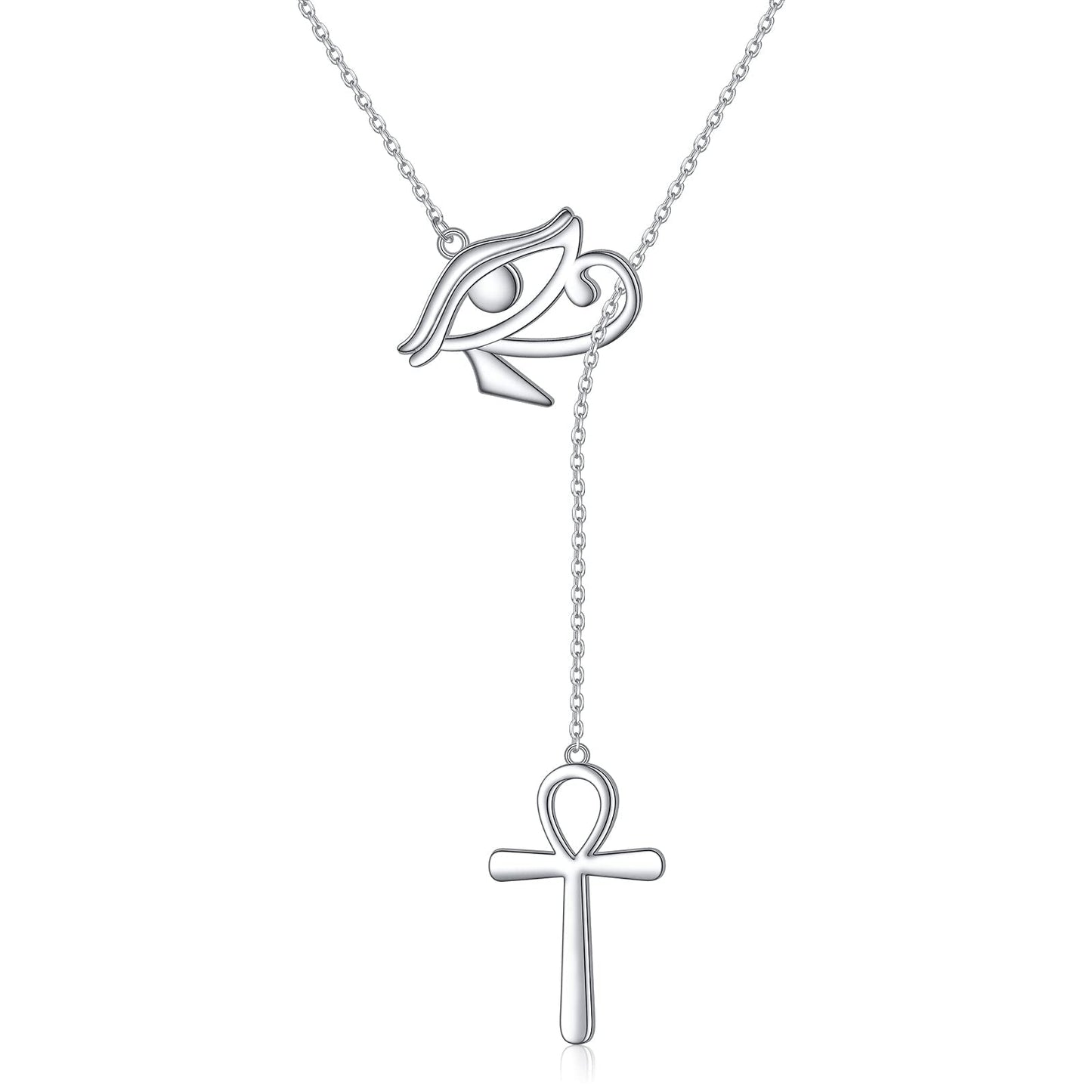 DAOCHONG Long Necklace Sterling Silver Ankh necklace Womens Egyptian Eye of Horus Y Lariat Long Chain Drop Adjustable Necklace Gift for Her, 30"