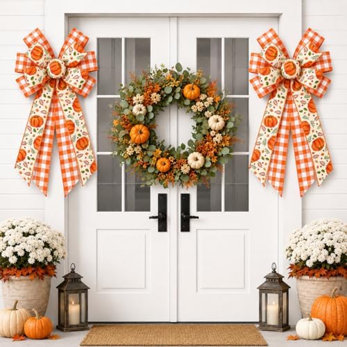 Fall Pumpkin Bow 2 Pack, 20.8 x 11.42 Inch Thanksgiving Wreath Bows with Orange Buffalo Plaid Ribbon, Large Harvest Farmhouse Door Bows for Front Door, Wall, Window, Garland, Autumn Home Decor