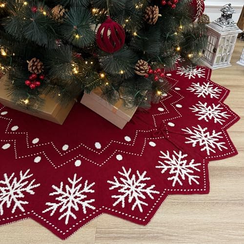 48-Inch Reversible Knit Tree Skirt with Christmas Star–Inspired Pointed Edge Border and Lace-Up Closures, Machine Washable Thick Acrylic Yarn, Burgundy & White
