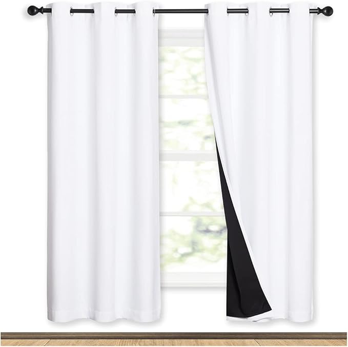 NICETOWN 100% Blackout Window Curtain Panels, Full Light Blocking Drapes with Black Liner for Nursery, 72-inch Drop Thermal Insulated Draperies (White, 2 Pieces, 42-inch Wide Per Panel)