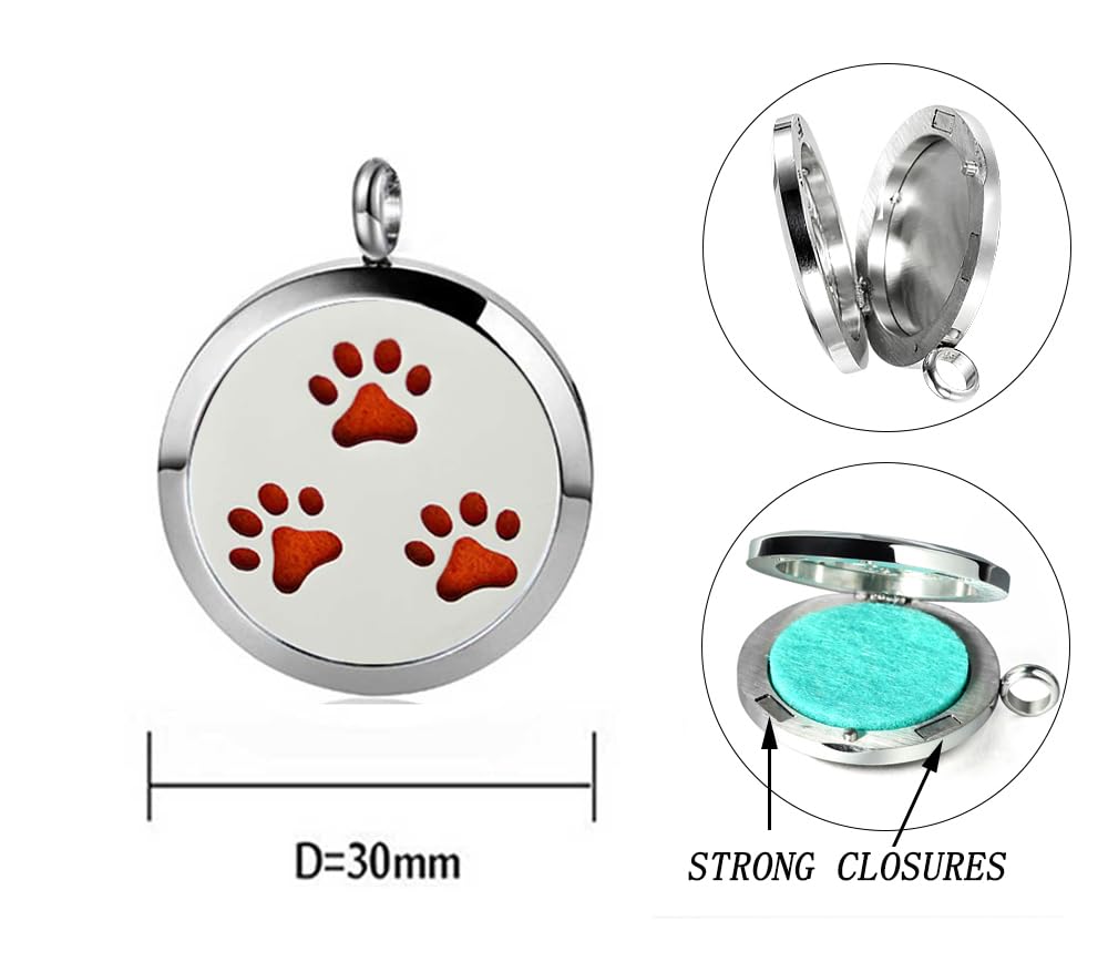 Aromatherapy Essential Oil Diffuser Necklace 316L Stainless Steel Locket Pendant with 24 Inch Chain (Dog Paw)