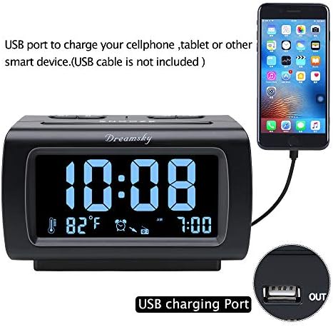 DreamSky Alarm Clock Radio for Bedrooms with Battery Backup | Large Numbers with Dimmer Wheel, USB Port, Bedside Digital FM Radio with Sleep Timer, Temperature, Adjustable Volume, Snooze