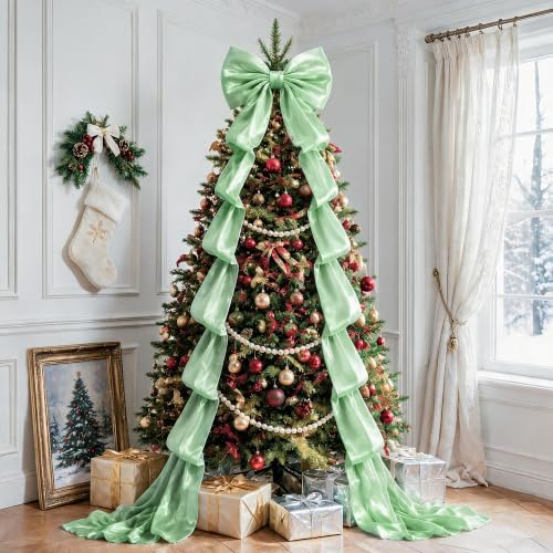 Big Satin Bow Coquette Room Decor, 16x79 Inch Large Christmas Bows for Birthday Decorations, Christmas Tree Topper, Girl Room Decor, Bachelorette, Wedding, Baby Shower, Front Door, Wreath (Green)