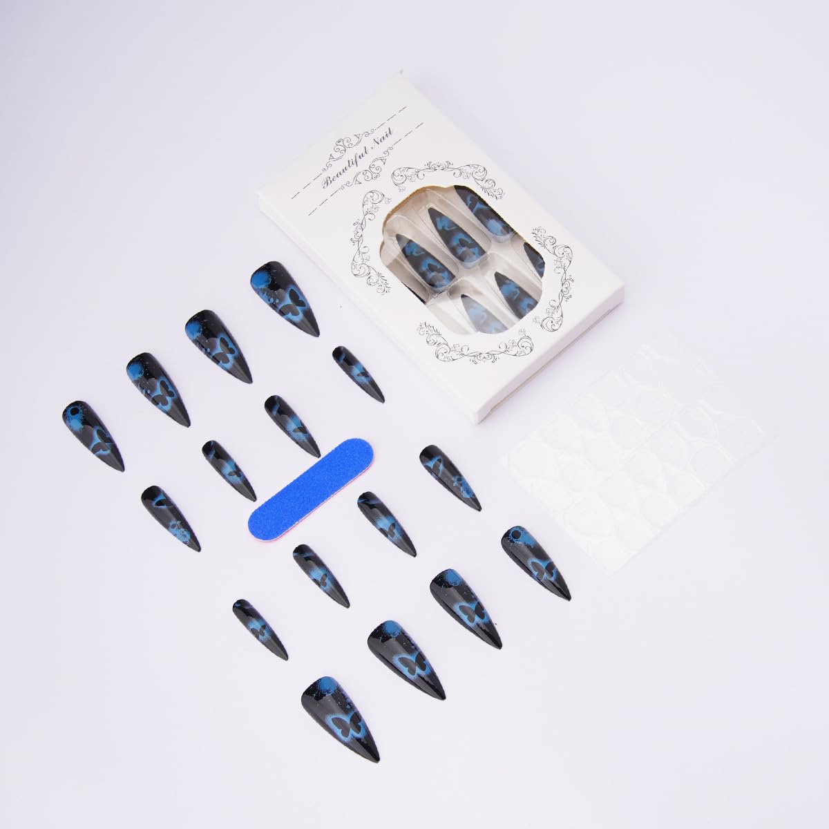 Black Press on Nails Long Stiletto Fake Nails with Design Butterfly Glue on Nails Cute False Nails Full Cover Reusable Artificial Acrylic Stick on Nail for Women Manicure 24Pcs