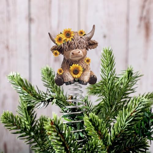 Gejoy Sunflower Highland Cow Miniature Tree Topper, 5.1 Inches Mini Resin Cow Treetop Decorations & Metal Spring Base, Cute Calf Lover Gifts for Farmhouse Kitchen Holiday Tiered Tray Desk Decor