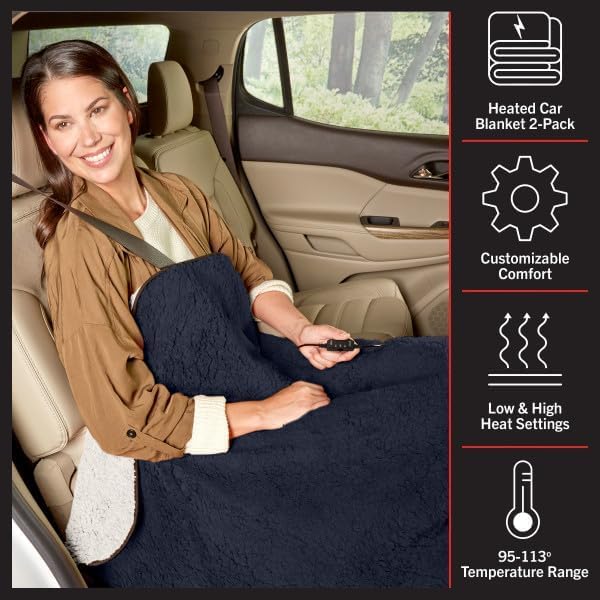 Stalwart Heated Car Blanket 2-Pack - 12V Heated Blanket for Car, RV or Camping - 57x39” Portable Electric Travel Throw - 2 Heat Levels - Tailgating Essentials (Blue)
