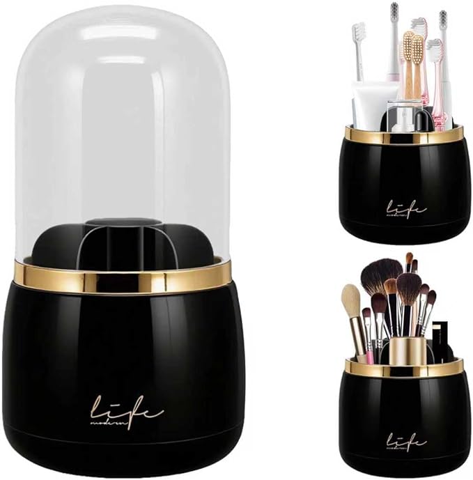Toothbrush Holders with Cover,Dustproof 360 Rotating 7 Slots Toothpaste Holder for Bathroom Organizer Countertop,Makeup Brushes Organizer,Bathroom Accessories (Black)