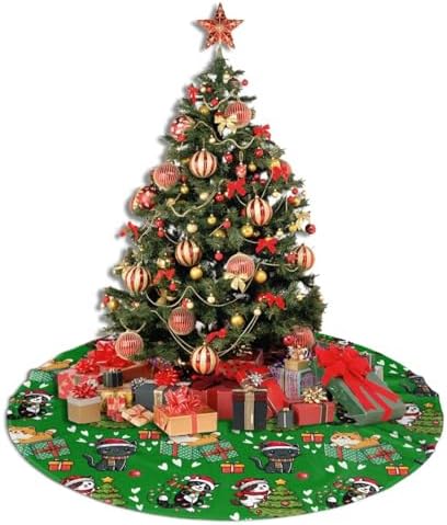 Cute Cats Christmas Tree Skirt, 36 inches Green Kawaii Animal Tree Skirts Santa Xmas Mat Farmhouse Holiday Party New Year Supplies Ornaments Decorations for Mini Small Pencil Big Trees