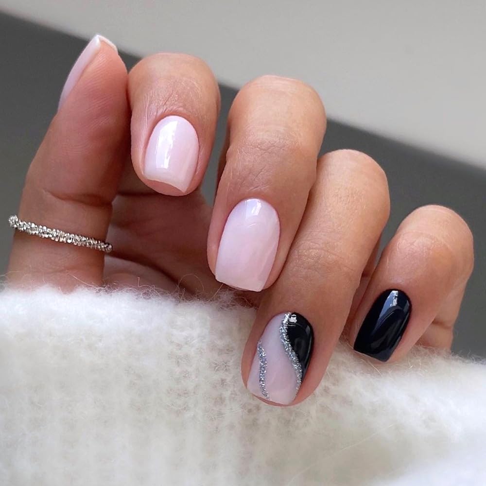 Short Square Press On Nails, Soft Gel Reusable Fake Nails, Pink and Black Glossy Nails with Silver Accent, DIY Salon Manicure, Natural Short Stick On Nails for Women & Girls, 24PCS Set