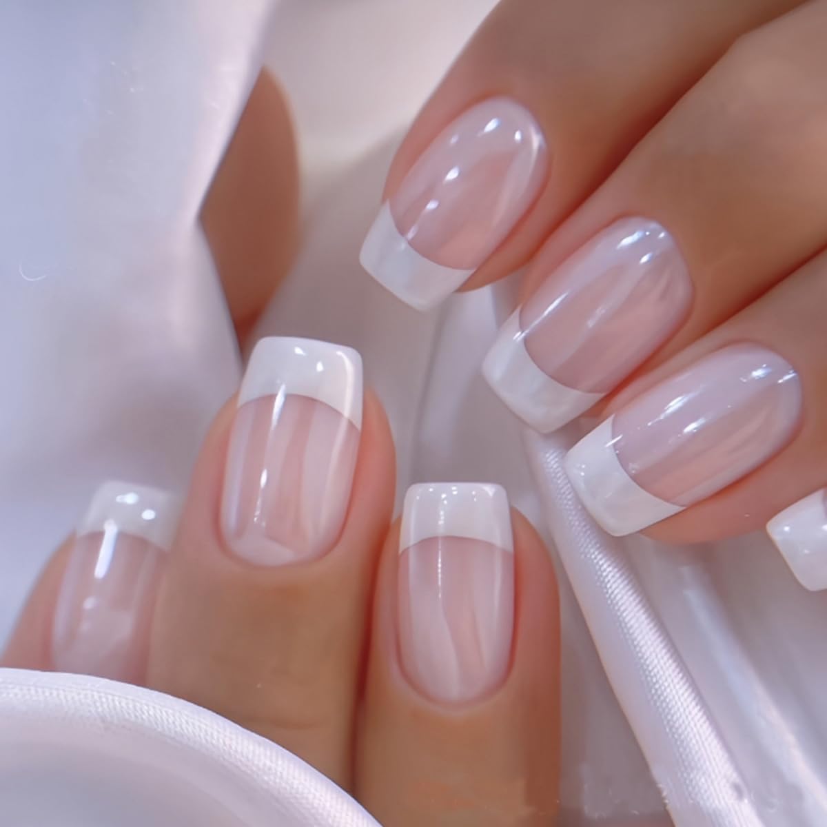 French Tip Press On Nails - Short Square, Glue On for Women Gift, Matte Gradient Supremely Fit Natural Stick On in 12 Sizes - 24 Pcs Fake Nails Kit