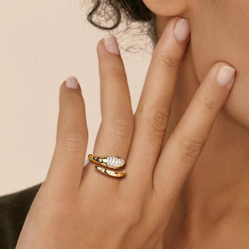 RANDES 14K Gold Plated Snake Ring 925 Sterling Silver Created Emerald Diamond Statement Cocktail Rings for Women Open Gothic Ring Size 7