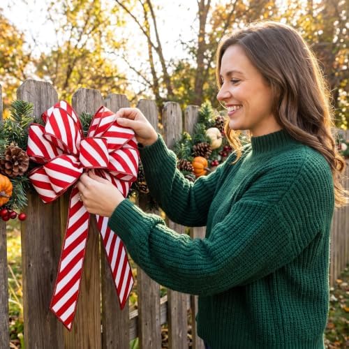 2 Pack Christmas Wreath Bows, Red White Candy Stripe, 11 x 21 Inch Set