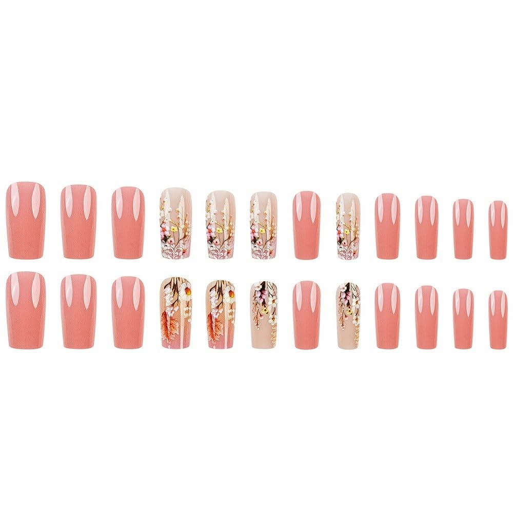 Purple Press on Nails Short Coffin Fake Nails 3D Flower Acrylic Nails Floral Leaf False Nails Matte Stick on Nails Square Artificial Nails for Women Girls Manicure 24Pcs