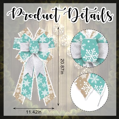 Hying Large Christmas Bows for Wreath, Christmas Wreath Bow Blue Natural Burlap Bow Xmas Snowflake Tree Bows Ornaments for Front Door New Year Christmas Party Decoration Supplies