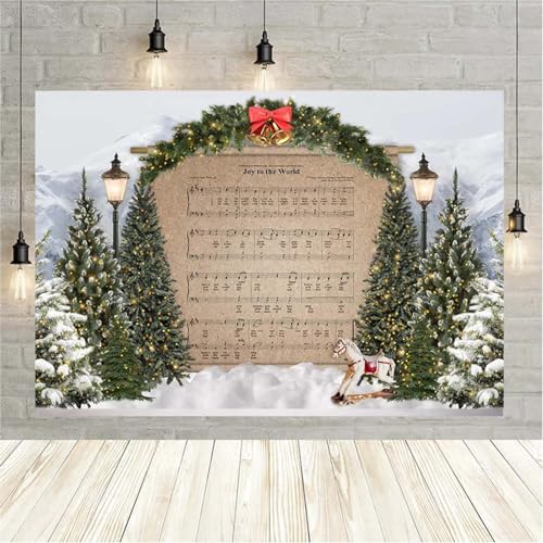 Merry Christmas Joy to The World Sheet Music Photography Background Snow Scene Mountain Christmas Tree Backdrop, 9x6 Feet - size: 9x6feet