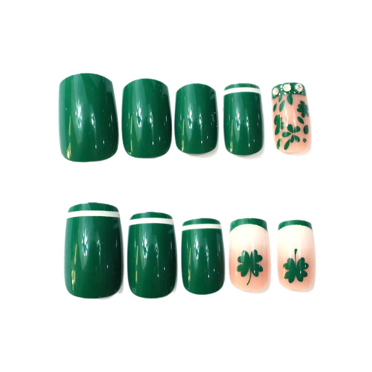 24Pcs St. Patrick's Day Press on Nails Short Square QUNQINLI Green Fake Nails with Four-Leaf Clover Rhinestones Designs White Nails Press ons Glossy Full Cover French Glue on Nails for Women