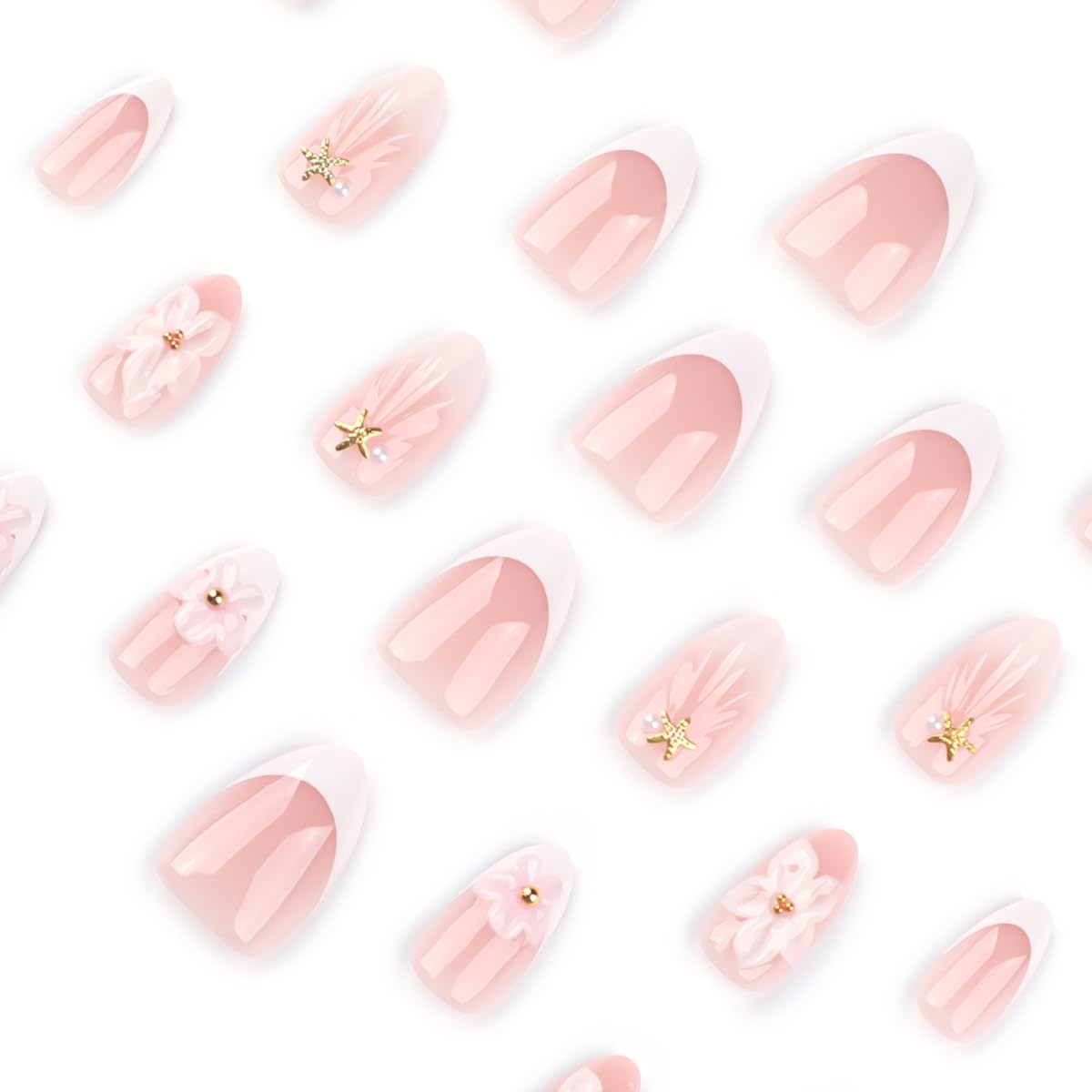 Short Almond Press on Nails - White French Tip with Pink Flower & Gold Starfish, Full Cover Glossy Fake Nails 24PCS for Women