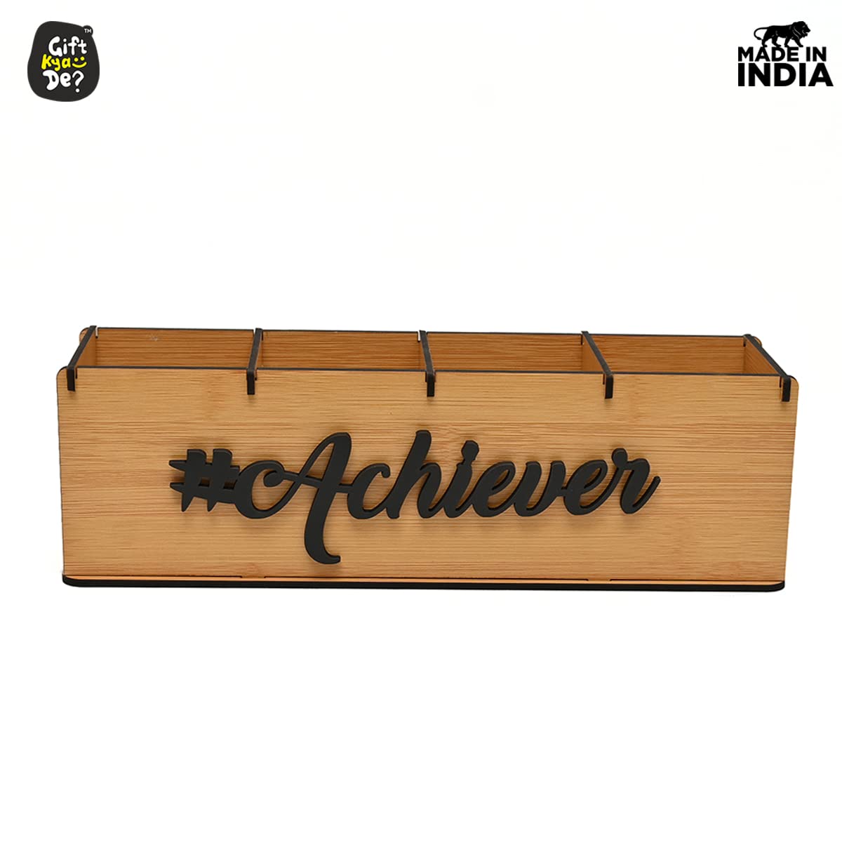 GKD Multifunctional Office Supplies Desk Organiser, 4 Compartment, Table Stationery Office Organizer, Motivational Gift for any Special Day, For Achiever (Bamboo)