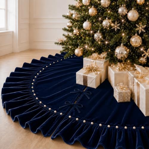 Christmas Tree Skirt,Velvet Tree Skirt with Ruffled Edge and Pearls, Classic Large Velvet Fur Plush Tree Skirt for Merry Christmas(Nevy,60Inch)