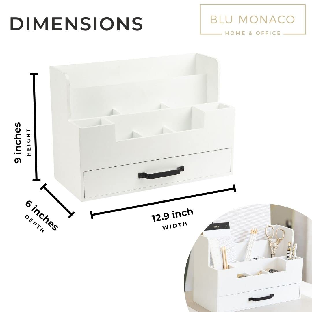 BLU MONACO White Wooden Desk Organizer With Drawer | Desktop Storage With Drawers | Multi-Compartment Desk Caddy for Home Office | 5.7”D x 12.9”W x 9”H Tabletop Accessory Holder