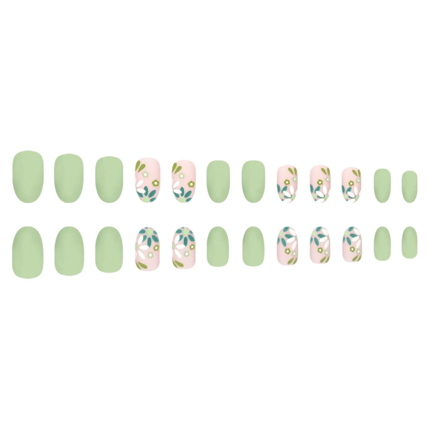 Pastel Floral Press on Nails Moderate Square Design Soft Nude & Mint Green Base with Dainty Floral Leaf Patterns Matte Finish Reusable Stick on Nails Suitable for Casual Looks Artificial Nails 24 Pcs