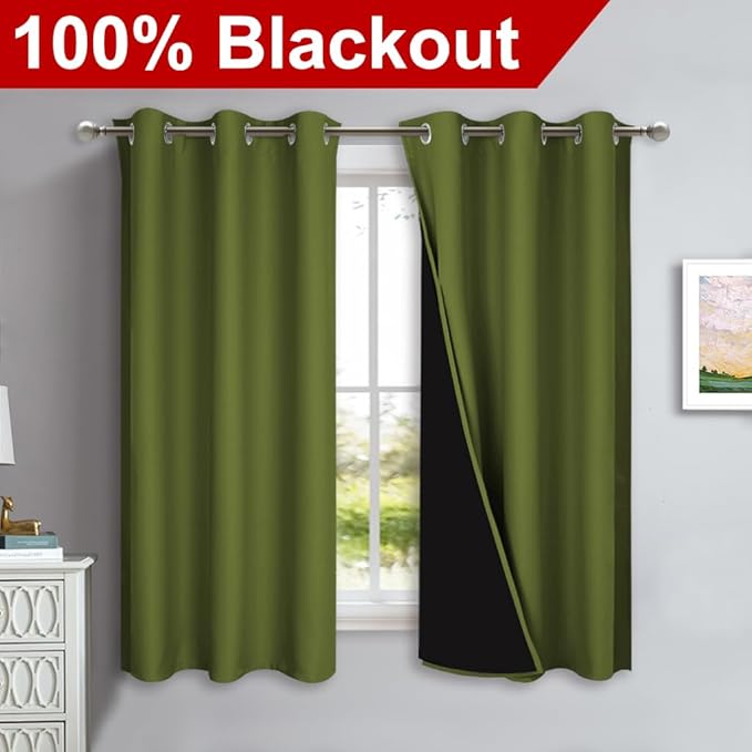 NICETOWN 100% Blackout Short Curtains with Black Liners, 2 Panels, 37" W by 63" L, Olive Green, Solid Thermal Insulated Full Blackout 2-Layer Lined Drapes, Energy Efficiency Window Drapes for Bedroom