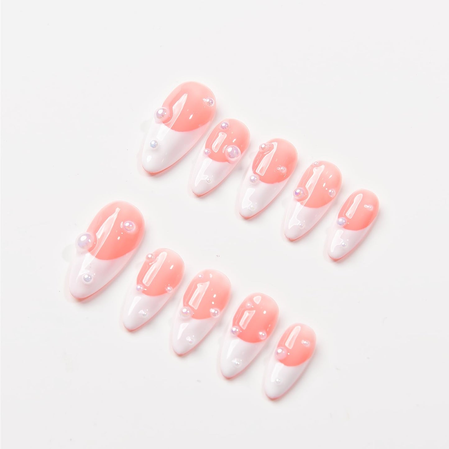 Basic Design with Chrome, French, Light Star Almond Press On Nails, Classic Design Fake Nails for Chrismast Event, Wedding Event, Prom, Party (S009, L)