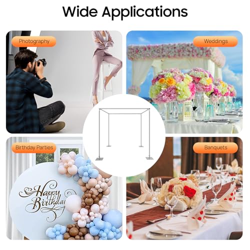 Wedding Arch Backdrop Stand, 9.84 x 9.84 Feet Adjustable Height 4 Post Hardware Kit, Portable Background Frame with Square Base for Outdoor Wedding, Birthday Party, Photo Booth Background (Silver)