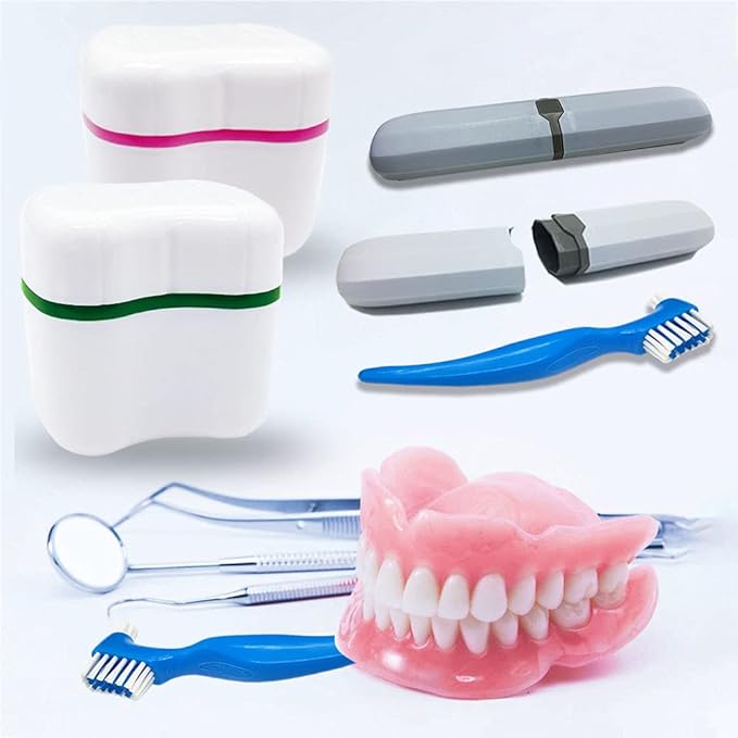 Denture Case Kit with 2 Bath Cups, 2 Brushes & 2 Portable Toothbrush Boxes, Retainer Cleaning Boxes with Lid
