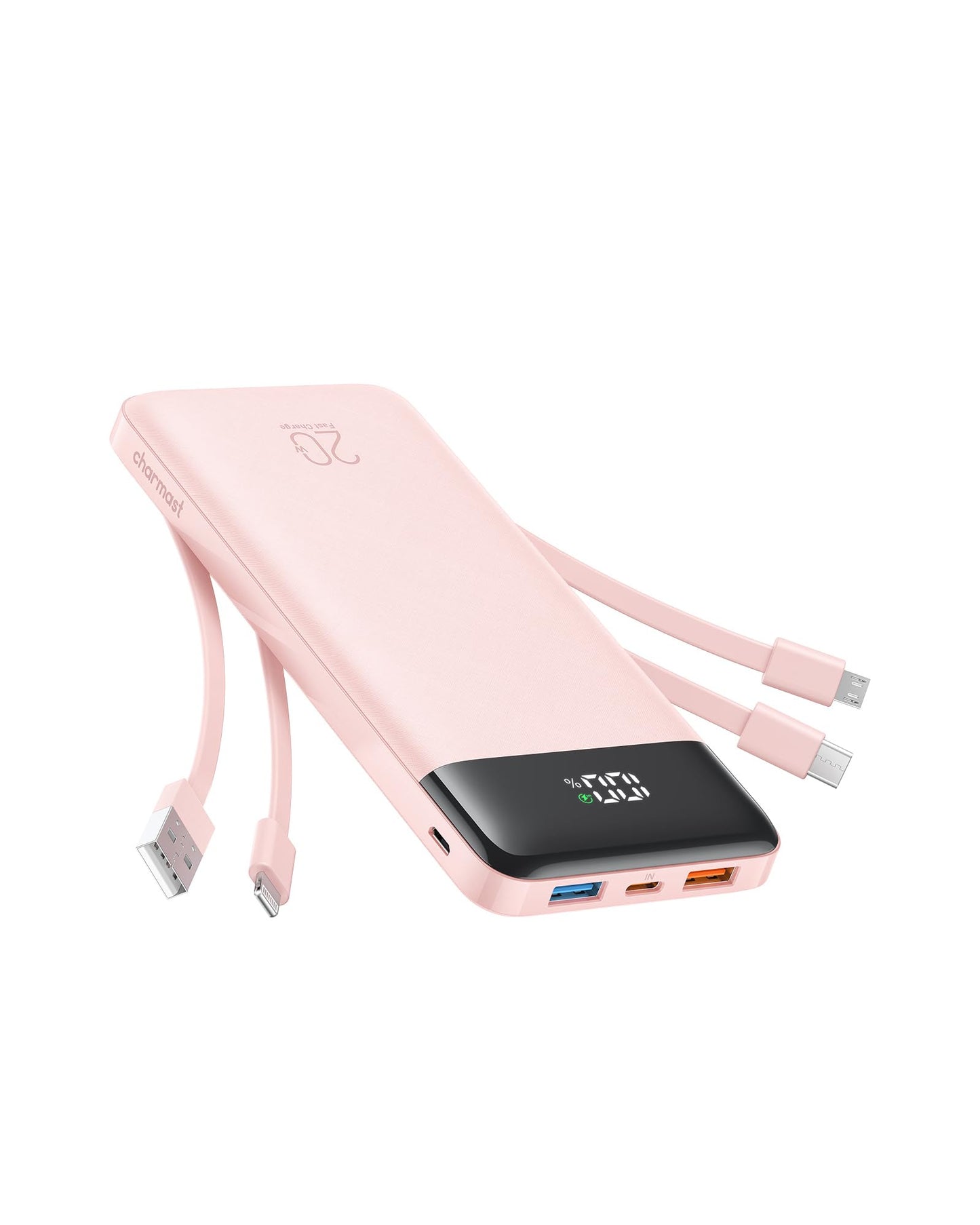 charmast 20000mAh Portable Charger with Built in Cables, 22.5W Travel Power Bank Fast Charging, USB C Cell Phone Battery Pack for iPhone 17/16/15/14/13/12 Series, iPad, Samsung, Android, Tablet