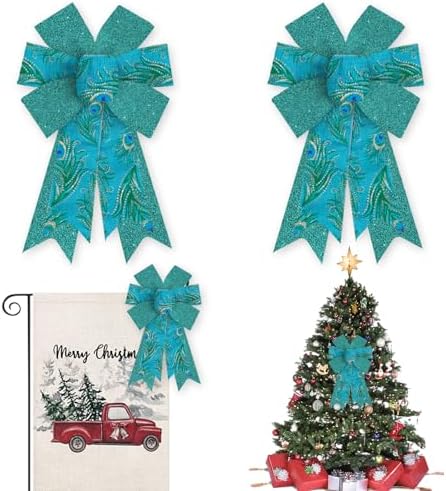 Peacock Bow for Wreath, Blue Green Glitter Peacock Wreath Bow for Christmas Decor, Front Door Indoor Outdoor Wall Tree Topper Decoration Supplies, Birthday Hanging Ornament