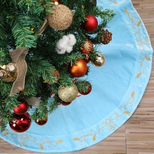 48inch Christmas Tree Skirt Blue Luxury Velvet Plush Fur Skirts with Gold Embroidery Xmas Velvet Tree Skirt Holly Leaves Gold Embroidered Trees Skirts for Christmas Holiday Party Decorations