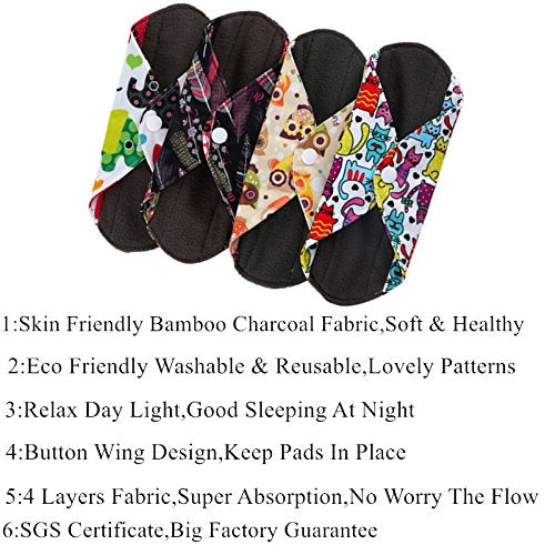 Reusable Waterproof Bamboo Charcoal Menstrual Pad Sets - Panty Liner Regular Flow Heavy Flow (Zhutan, m) - 6 Count - Mixed Multi colors Randomly