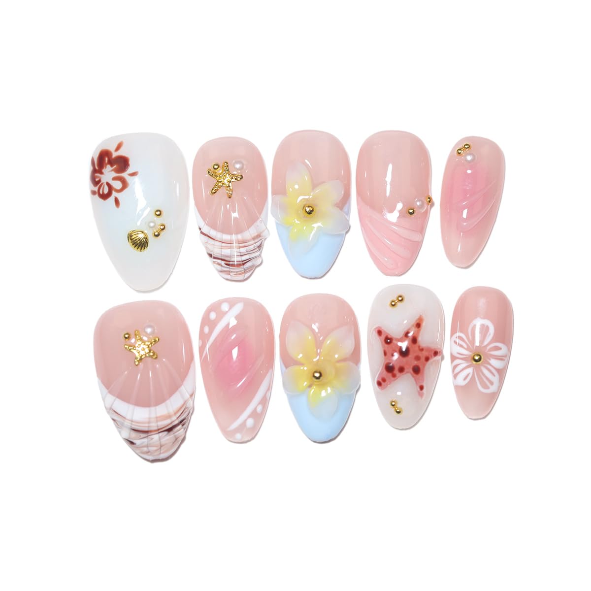 10Pcs Short Almond Handmade Press On Nails | Easy Apply & Remove, Reusable Salon Quality Nails | Fresh Nude Pink Fake Nails with 3D Floral, Starfish & Seashell Accents (RR08, S)