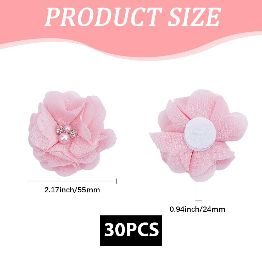 SOFPLATE 1 Box 30Pcs Pink Chiffon Flower Artificial Fabric Flower Appliques Pearl Rhinestone Felt Back Sewing Appliques for Clothes Hair Accessories Embellishments Wedding Decor DIY Craft Projects
